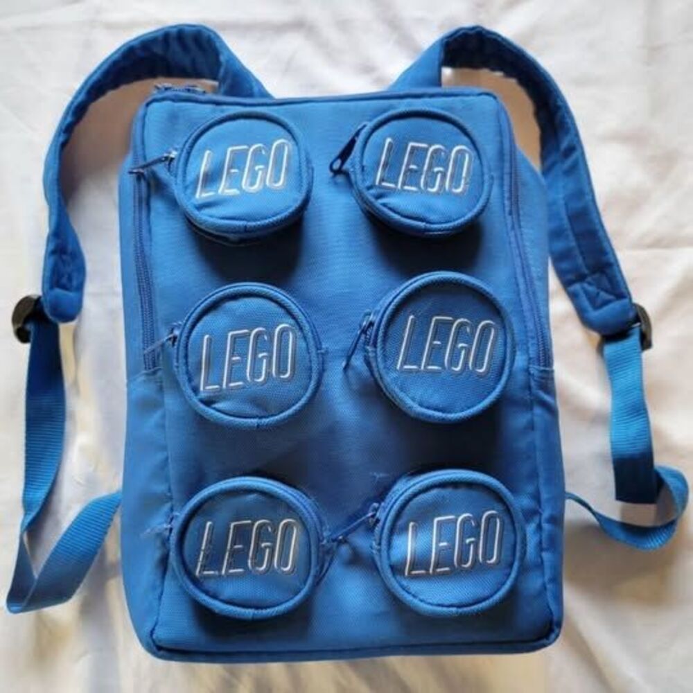Vintage LEGO Kids Backpack Blue 2x3 Brick Pockets Bag